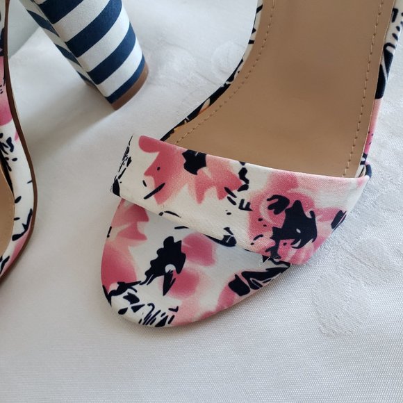 Size 7 JustFab Lena 4" Block heal sandal. Stripes and Floral.  Ankle strap. - Picture 5 of 12